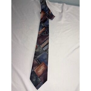 Vintage Italian Silk Styled Mens Tie Abstract Geometric Blue Purple USA Made
